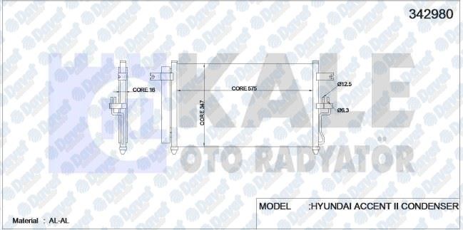 KALE 342980 Klima Radyatoru Hyundai Accent Ii 1.5 Crdi 02>05 (Al/Al) (Kurutucu Ile)
